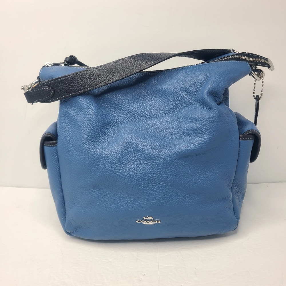 Coach Pennie Pebbled Leather Sky Blue Blk Trim Shoulder Handbag Purse Rare Color